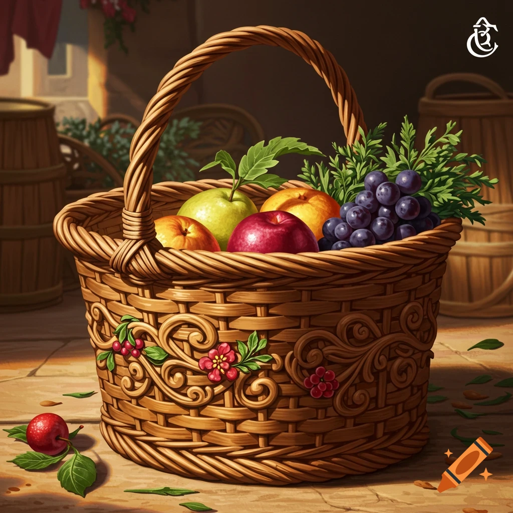 A rustic wicker basket overflowing with colorful fruit including red and green apples, peaches, and dark grapes, in an illustrative style.