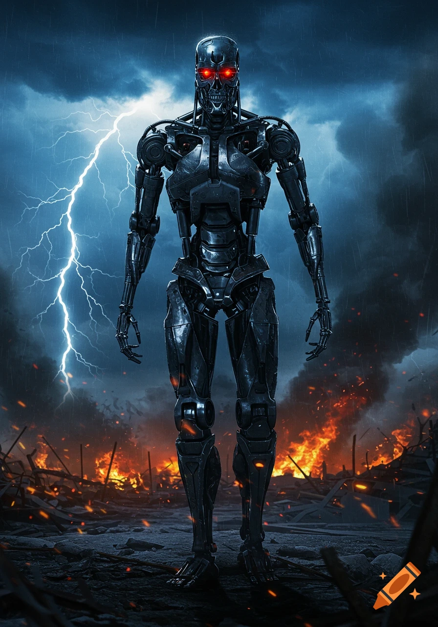 An ominous chrome-plated humanoid robot (Terminator) stands in a fiery, destroyed landscape with lightning striking from a stormy sky.