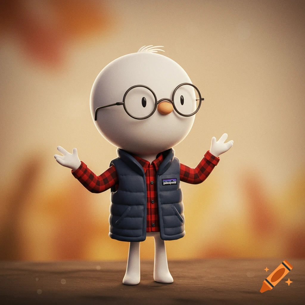A cute white cartoon character with glasses, a red plaid shirt, and a blue Patagonia vest.