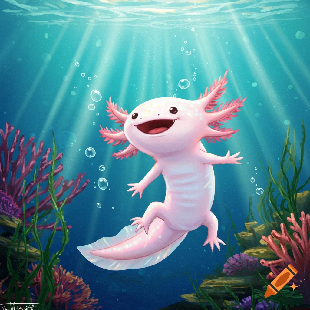 A cute, happy pink axolotl with feathery gills swims in clear blue water amidst coral and aquatic plants, rendered in a cheerful illustration style.