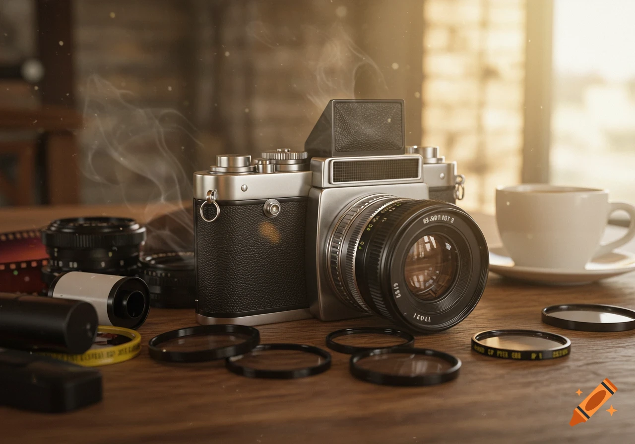 A vintage camera sits on a wooden table with film rolls, lens filters, and a coffee cup, bathed in warm sunlight.