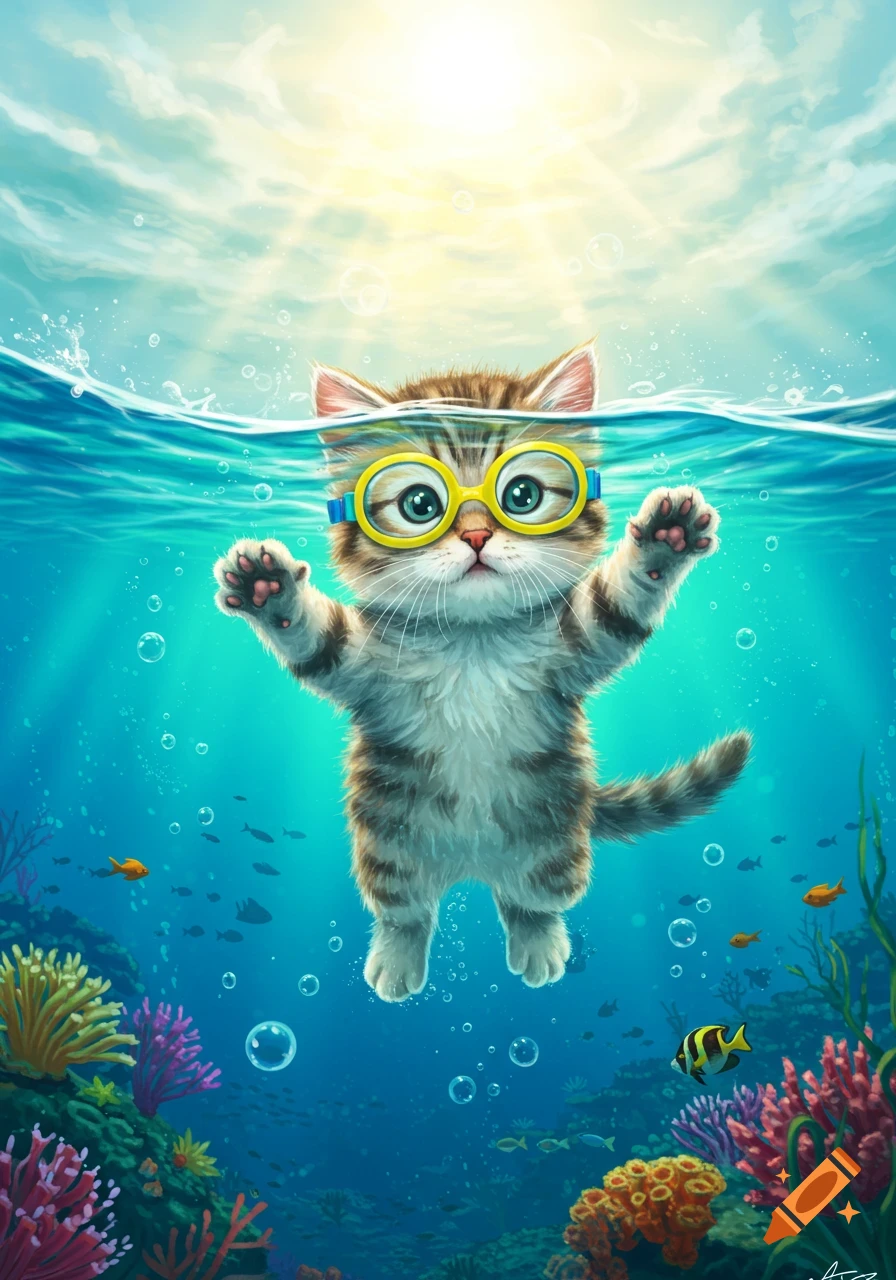 A cute, cartoon kitten with yellow goggles swims underwater among colorful fish and coral, with sunlight shining from above.