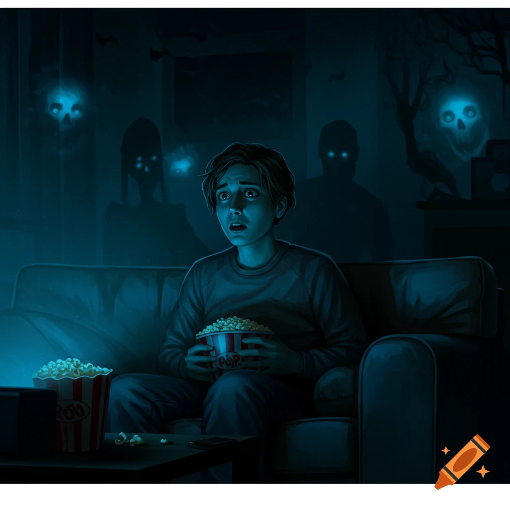 A scared boy with a bowl of popcorn watches a horror movie on a couch while ghostly figures with glowing eyes lurk in the dark background, illustrated art.