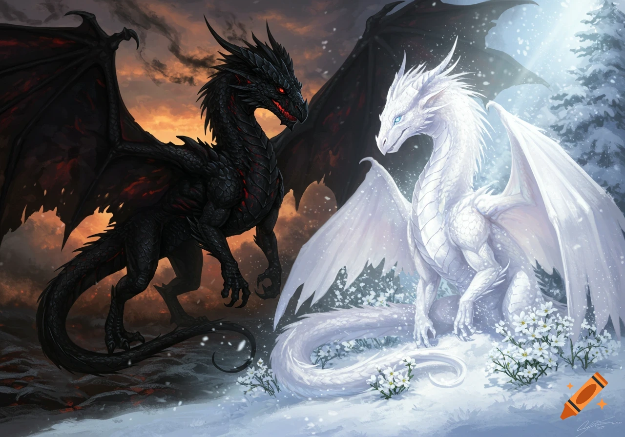 A black dragon with red eyes faces a white dragon with blue eyes across a contrasting landscape of fire and snow.