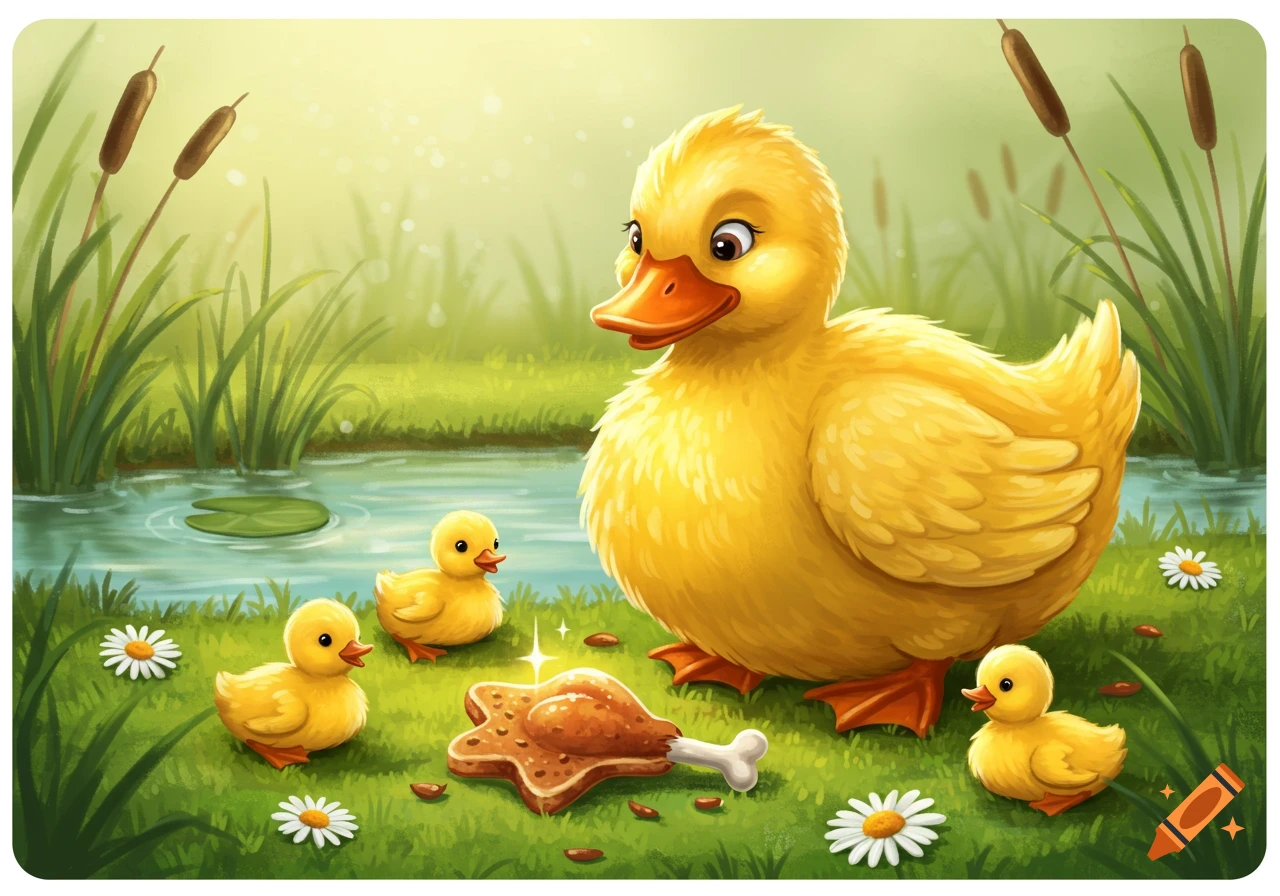A cartoon yellow duck and three ducklings by a pond, looking at a star-shaped cracker topped with a chicken drumstick.