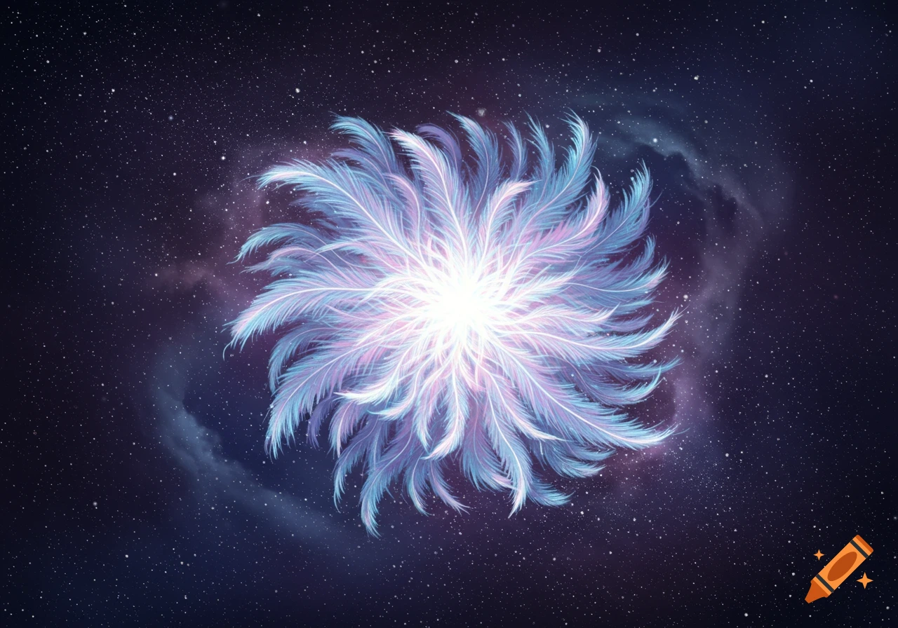 A bright, feathery, star-like entity with blue and purple hues glows in a dark, star-filled cosmic background with nebulae.