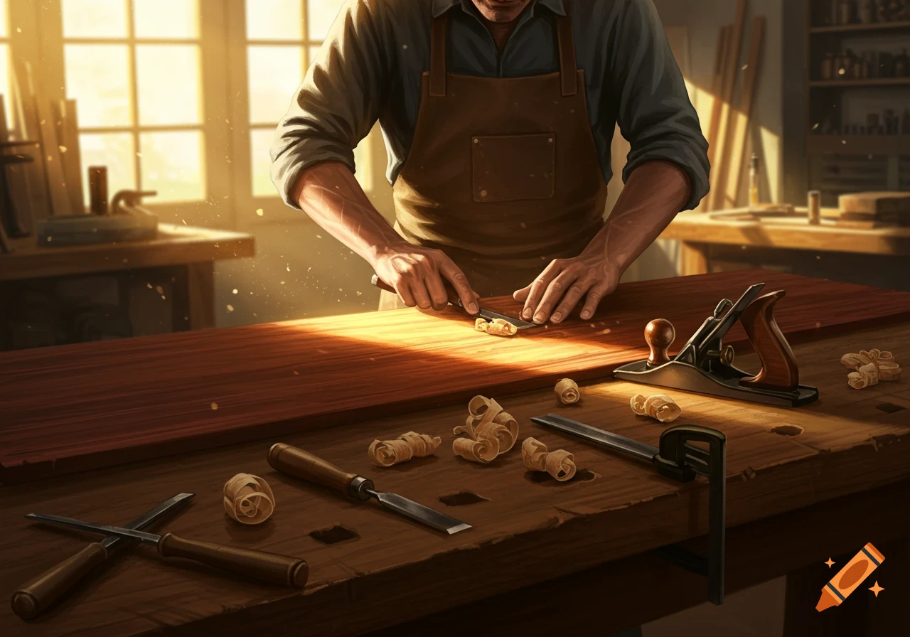 A man in an apron is planing a piece of wood on a workbench in a sunlit workshop, surrounded by tools and wood shavings.