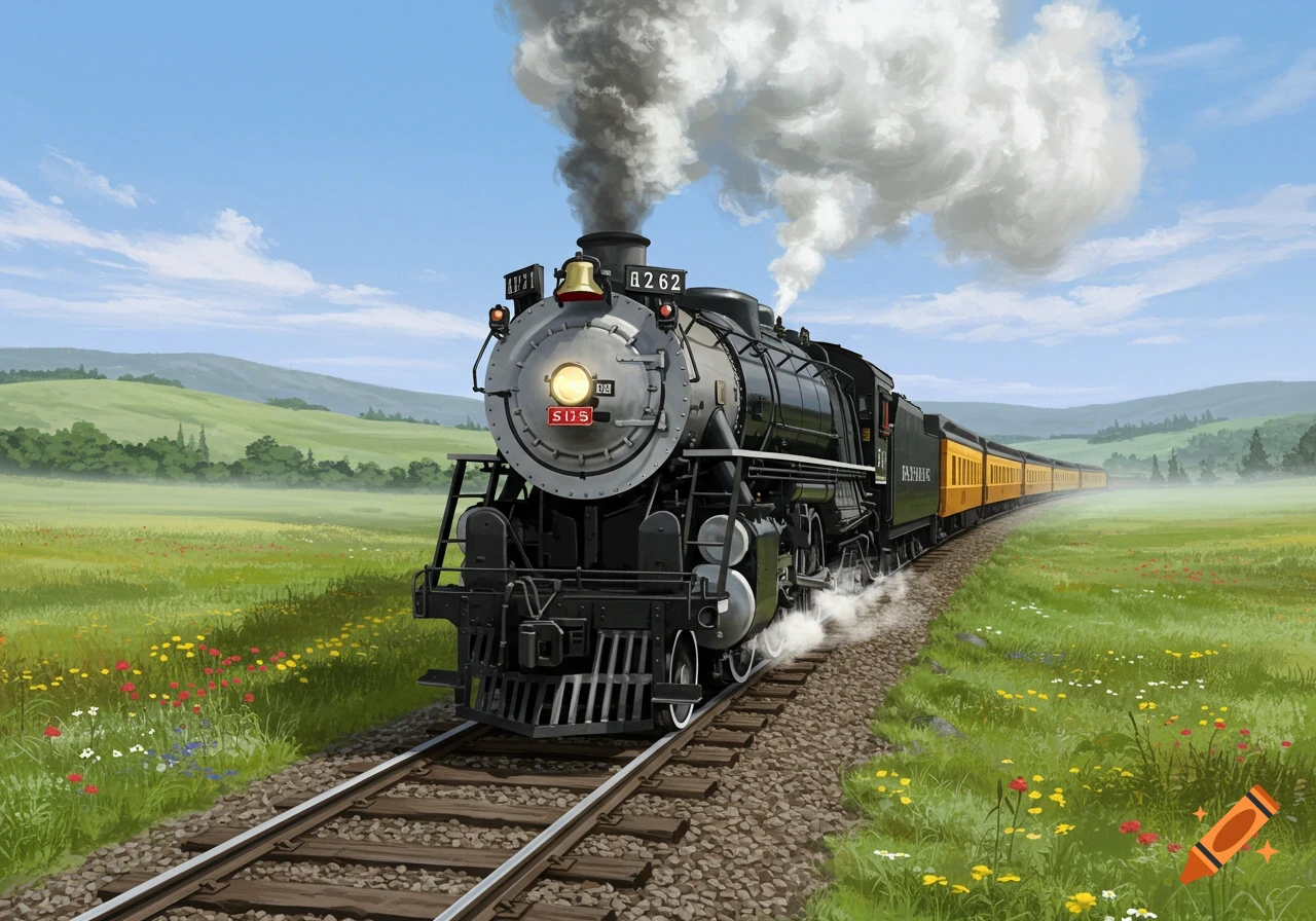 A black and yellow steam train travels through a green, wildflower-filled field under a blue sky.