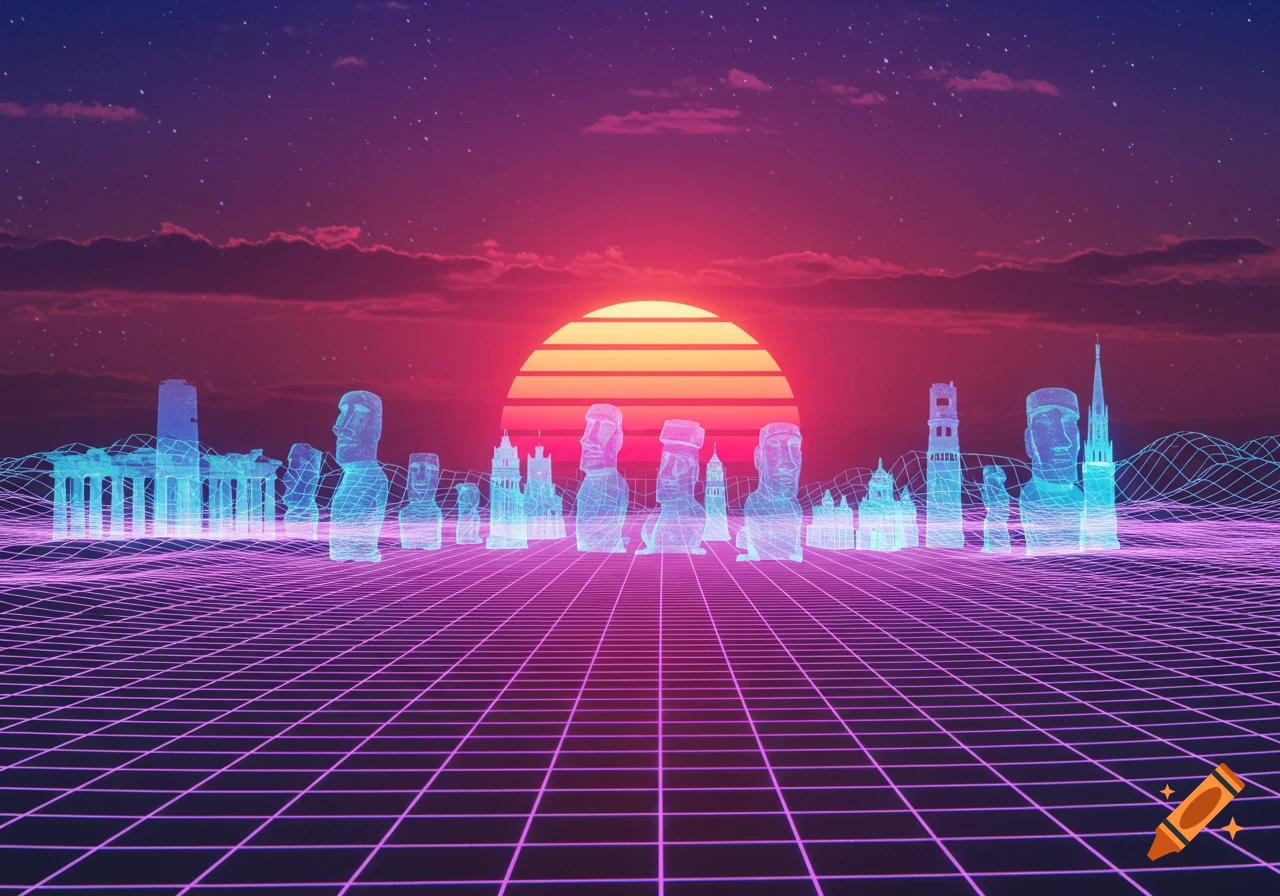 A retro-futuristic landscape with holographic landmarks from around the world against a neon pink and purple sunset, a grid floor.