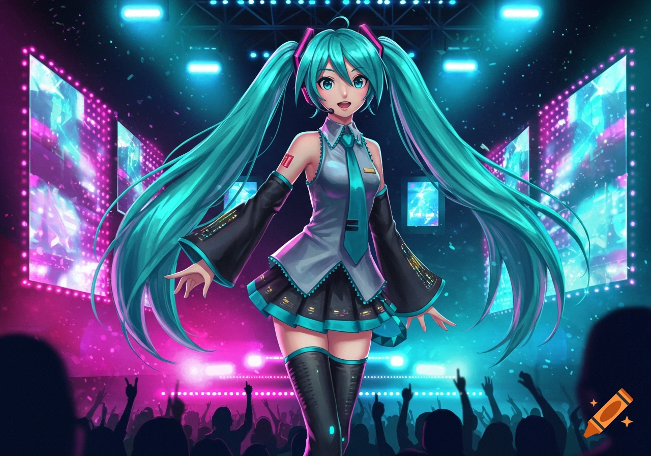 Hatsune Miku performs on stage with glowing screens and a cheering crowd in a vibrant anime style.