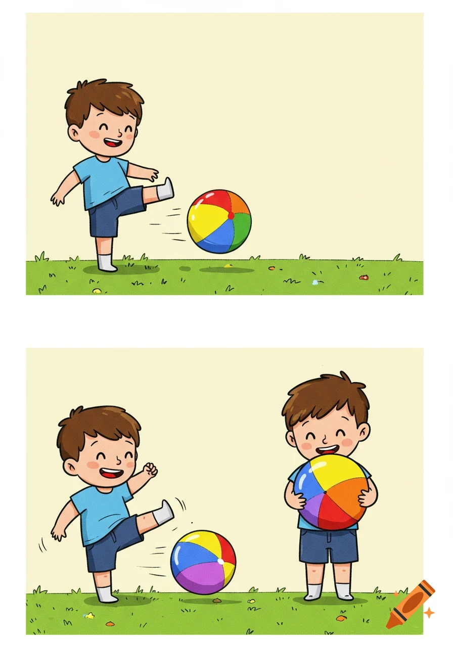 Two cartoon panels show a happy boy playing with a colorful beach ball on green grass. In the top panel, he kicks the ball. In the bottom panel, he kicks another ball, while a second boy holds a ball.