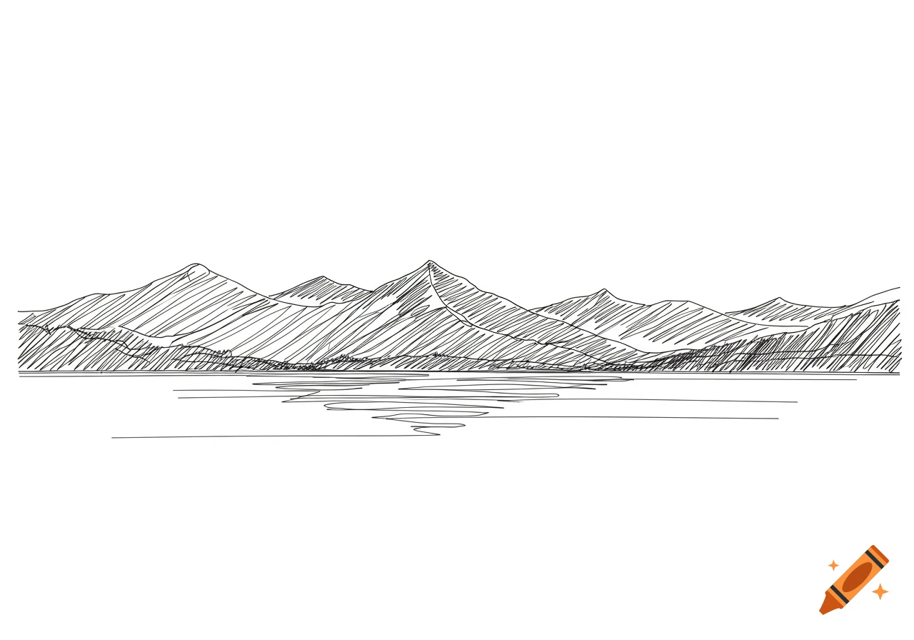 Black and white line drawing of mountains reflected in a lake.