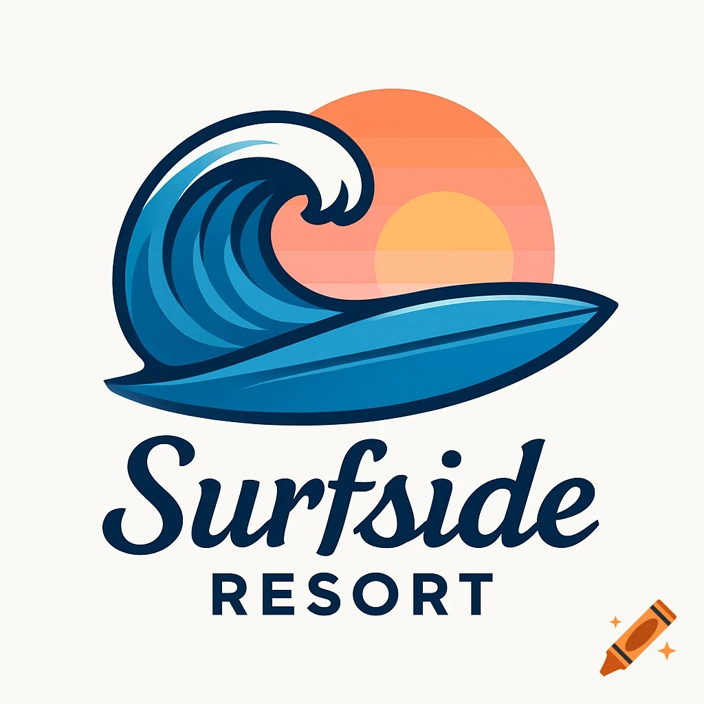 Logo featuring a blue wave, a surfboard, and a sunset behind text 'Surfside RESORT' on a white background.