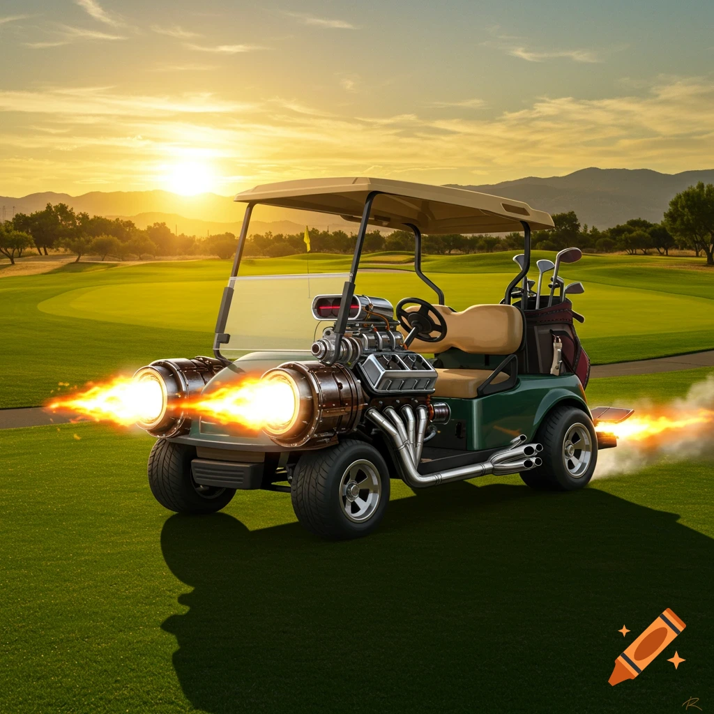 A modified golf cart with jet engines on the front and rear speeds across a golf course under a setting sun.