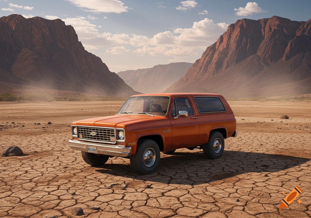 An orange 1978 Chevy Blazer SUV is parked on a dry, cracked riverbed with large, red mountains in the background.