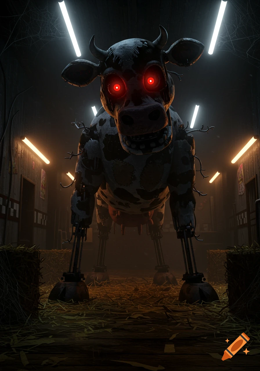A scary animatronic cow with glowing red eyes stands in a dark, hay-filled barn, in a Five Nights at Freddy's style.