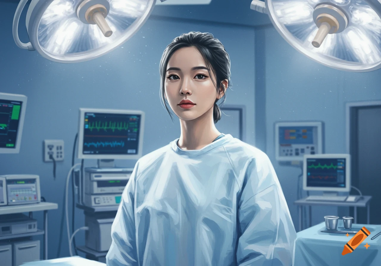 A woman in a light blue surgical gown stands in an operating room with medical monitors and surgical lights above her, in an anime art style.