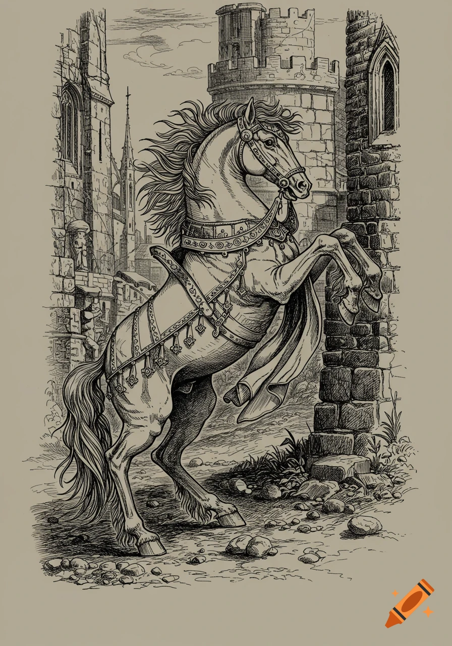 A rearing horse with elaborate tack in a medieval setting with a castle, depicted in a black and white engraving style.