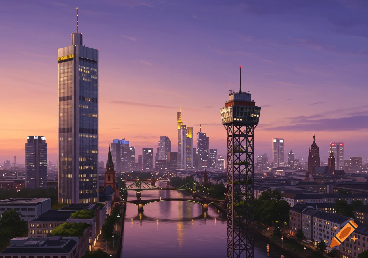 An aerial view of the Frankfurt skyline at sunset, with skyscrapers, a river, and bridges under a purple and orange sky.