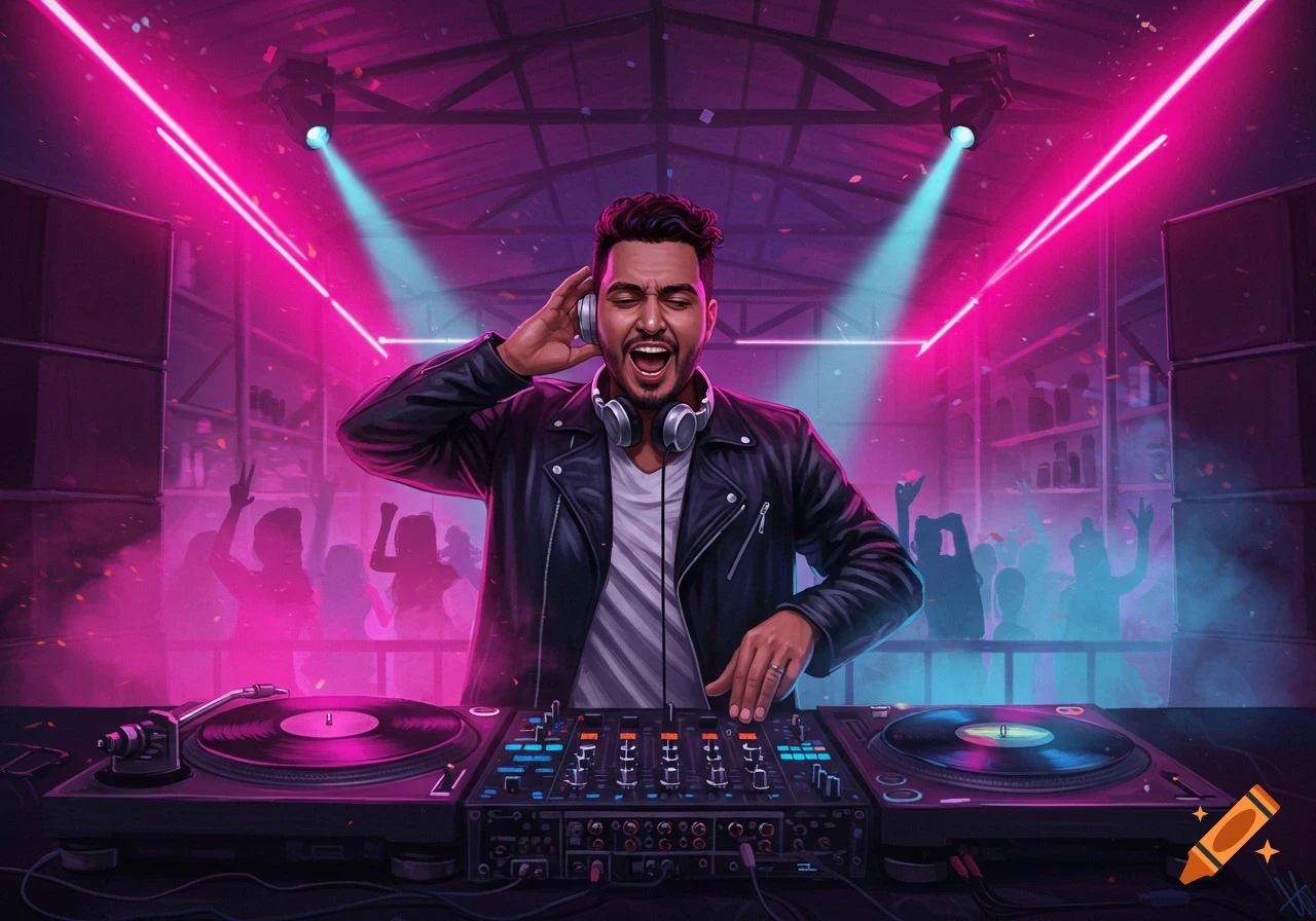 A vibrant illustration of a Latino DJ playing turntables in a neon-lit ...