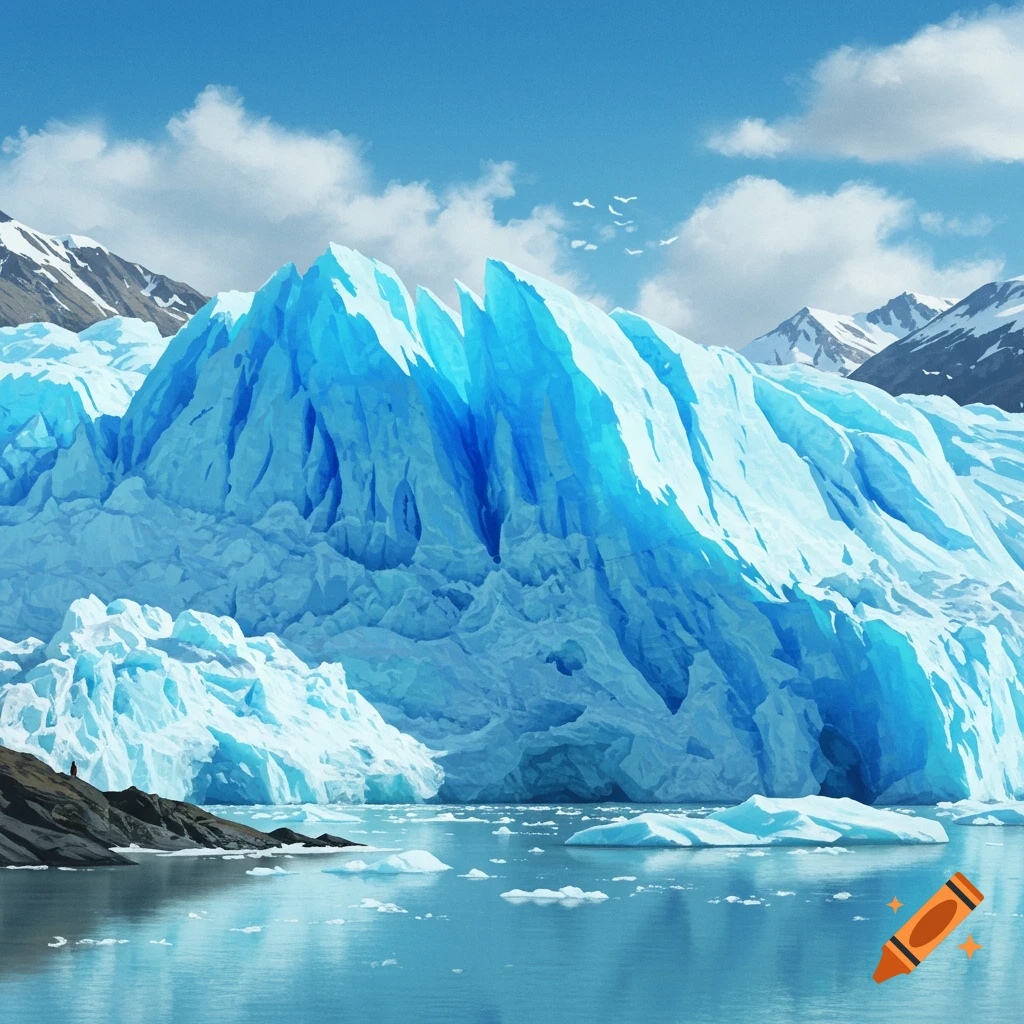 A vast, towering blue glacier dominates a calm, light blue lake with ice floes, backed by snow-capped mountains under a partly cloudy sky.