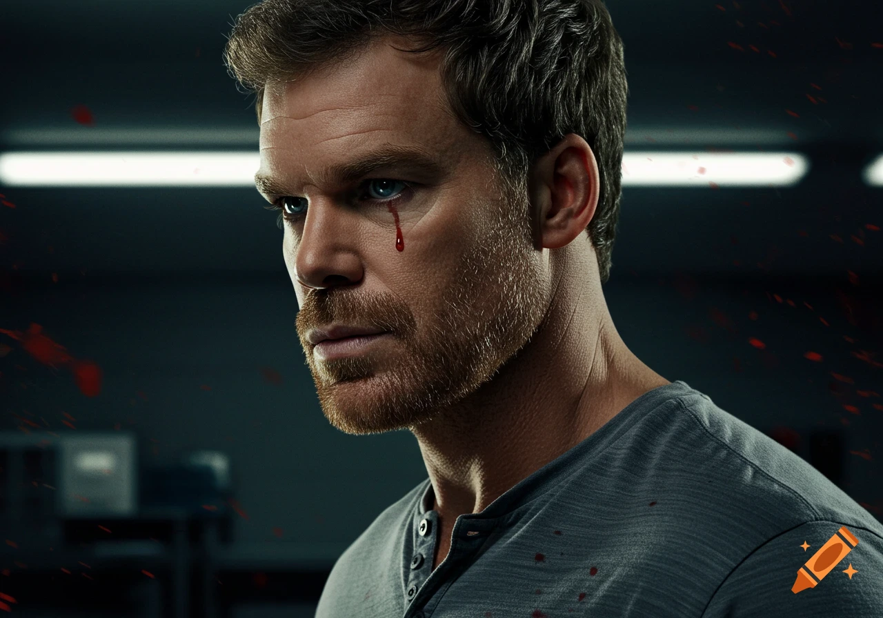 Photorealistic portrait of a bearded man with blue eyes, a tear of blood, and blood spatters on his gray shirt.