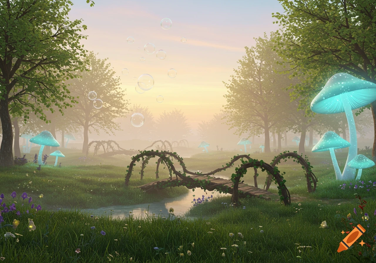 A magical forest scene with glowing blue mushrooms, a winding stream, and a vine-covered bridge under a misty, bubble-filled sky.