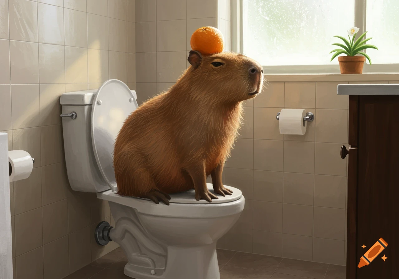 A fluffy brown capybara with an orange on its head sits on a white toilet in a tiled bathroom.