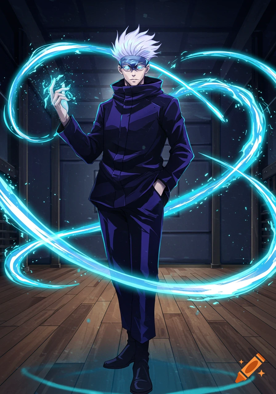 An anime character, Gojo Satoru, stands with spiky white hair, a blue blindfold, and a dark blue jacket, casting glowing blue energy.