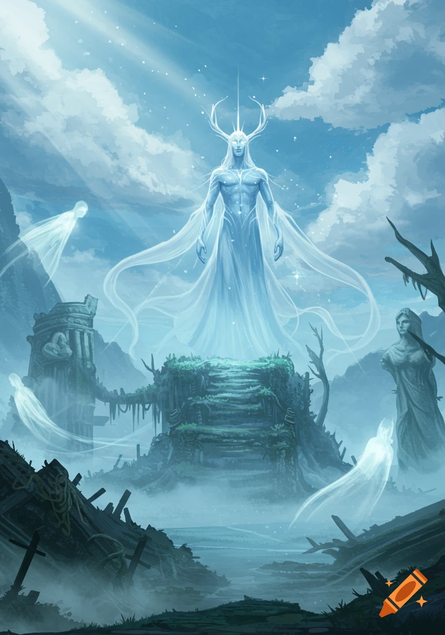 An ethereal god-like being with antlers stands on ancient ruins in a misty, magical landscape with glowing spirits.