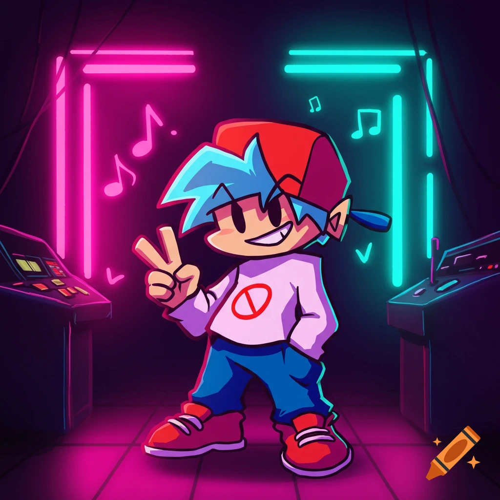 Cartoon character Boyfriend from Friday Night Funkin' in a neon-lit room, giving a peace sign.