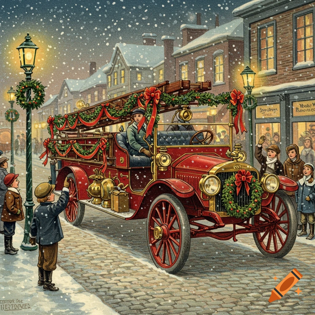 A vintage red fire truck, decorated for Christmas, drives through a snowy town street lined with buildings and children in a classic illustration.
