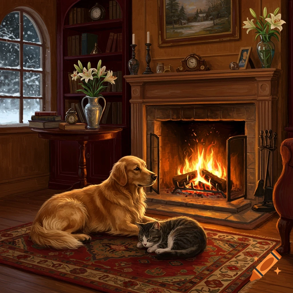 A golden retriever and a tabby cat lie on a rug in front of a warm fireplace in a cozy room, with snow visible outside a window.