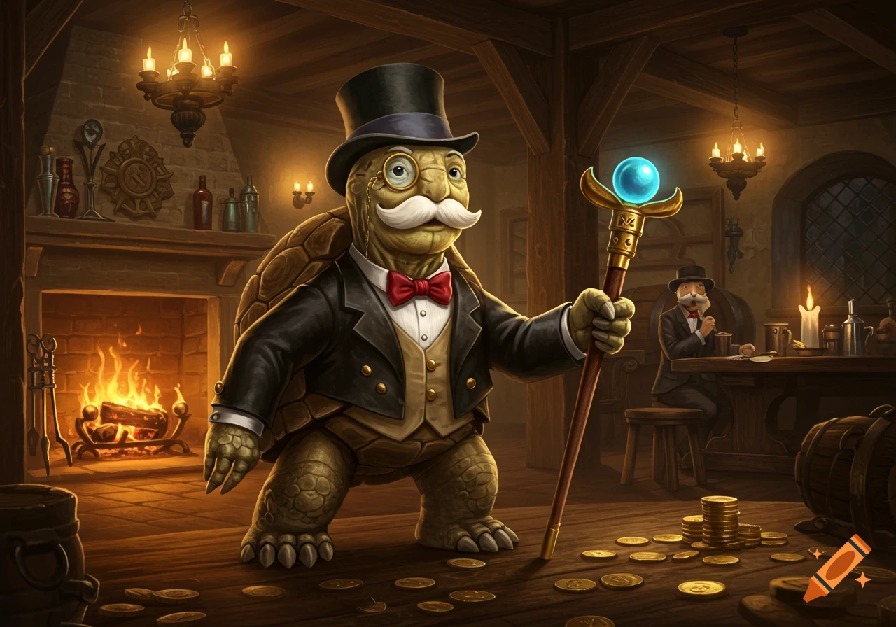 A D&D style tortle version of the Monopoly Man in a top hat, monocle, and tuxedo, holding a glowing staff in a fantasy tavern with gold coins.
