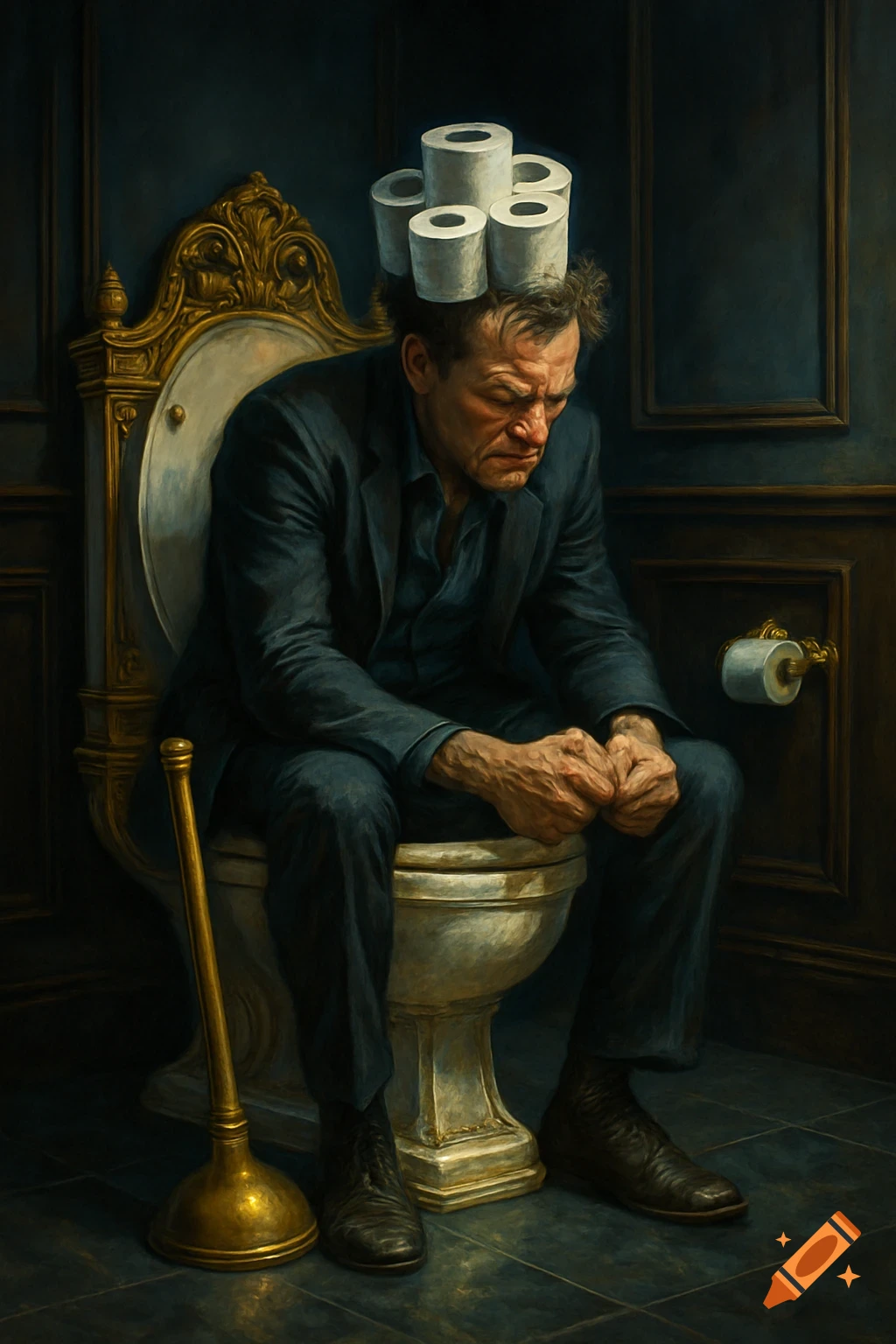 Painterly portrait of a depressed man in a suit, sitting on a fancy toilet with toilet paper rolls on his head.