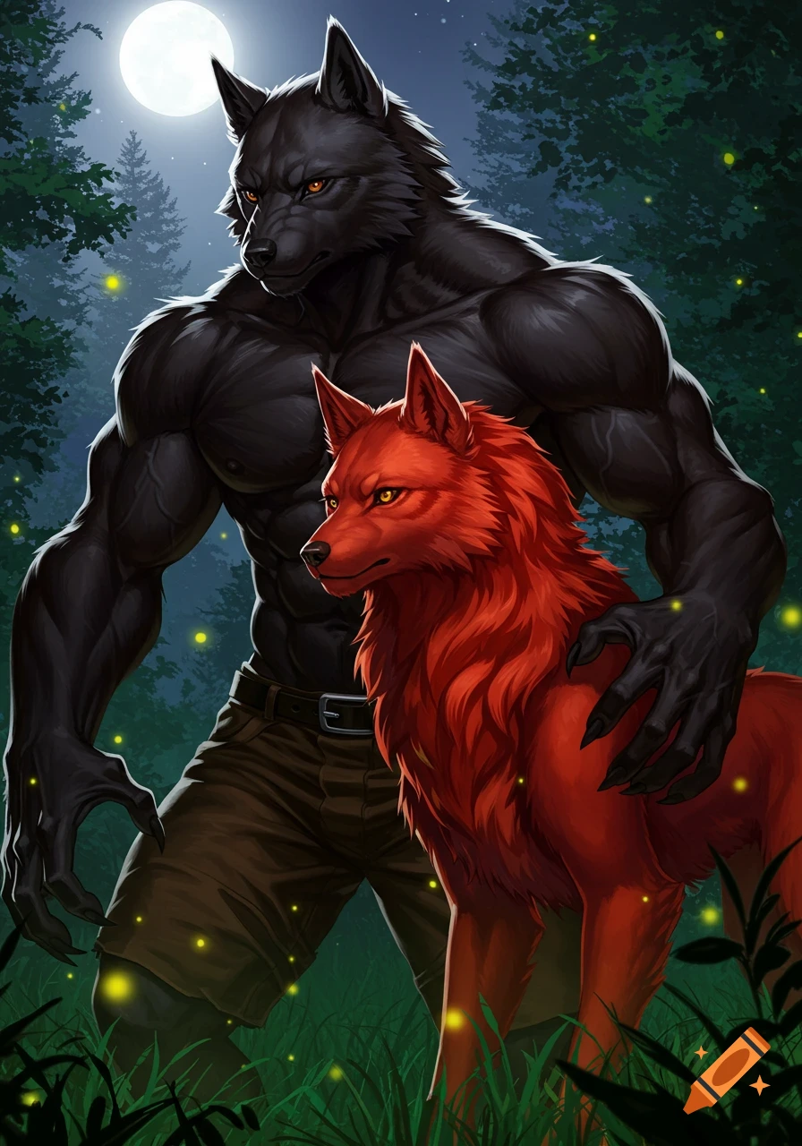 Muscular black werewolf man and red wolf standing in a moonlit forest with fireflies, anime style.