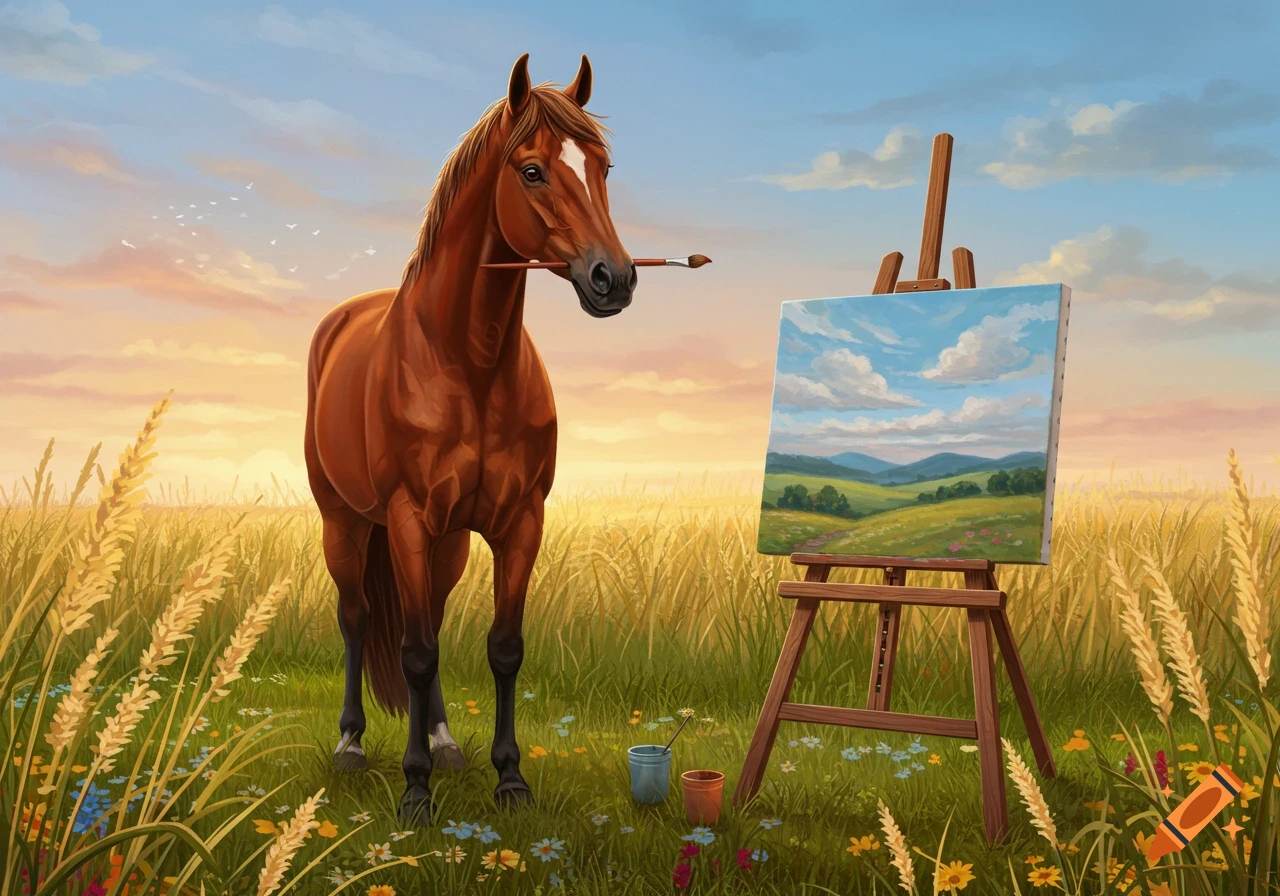 A brown horse holds a paintbrush in its mouth, standing beside an easel with a landscape painting in a field of wildflowers.