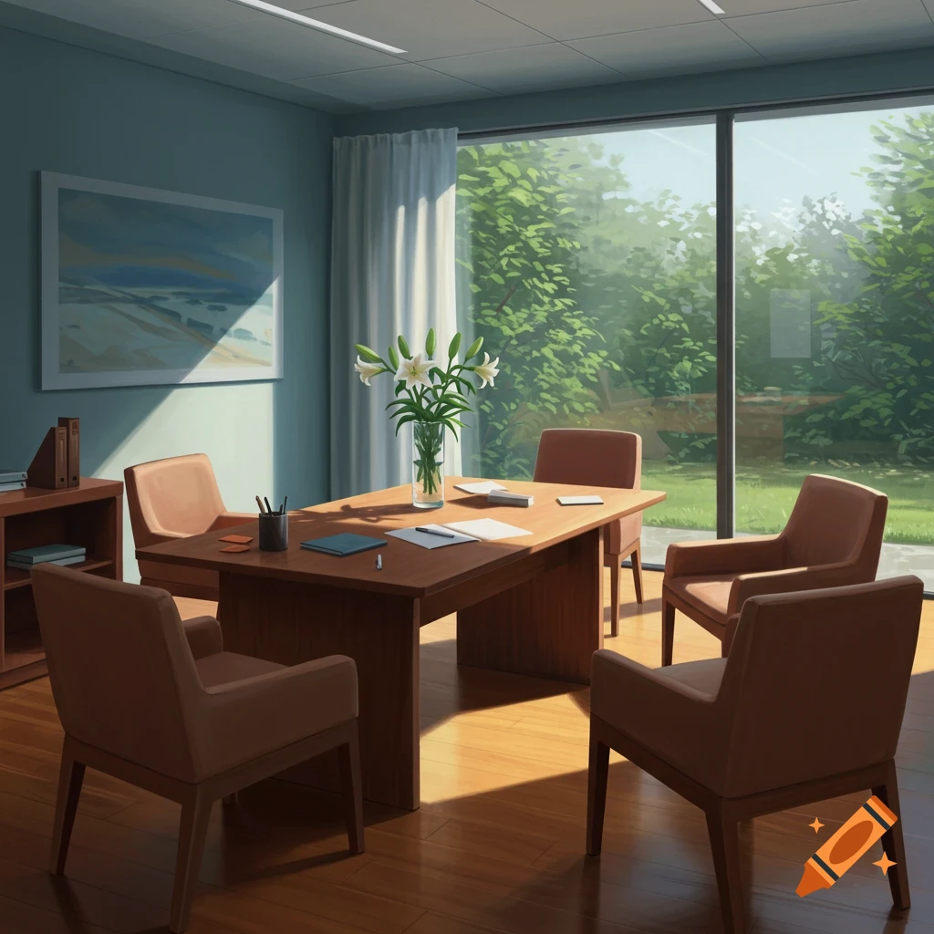 A brightly lit consultation room with a wooden table, chairs, a vase of white flowers, and a large window overlooking lush trees.