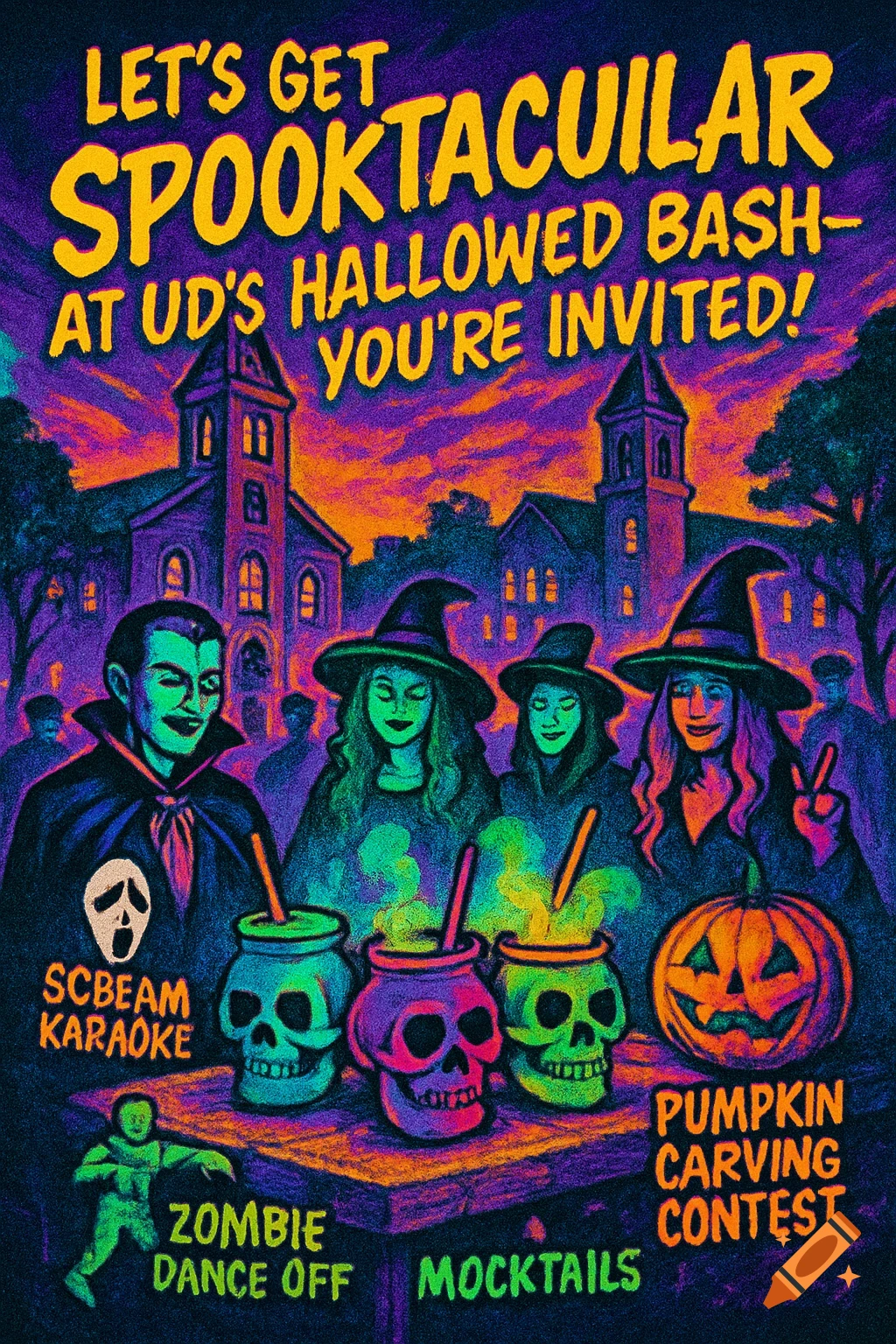 Vibrant retro-style Halloween party invitation with Dracula, witches, and ghost face. Text reads "LET'S GET SPOOKTACULAR AT UD'S HALLOWED BASH- YOU'RE INVITED!" and lists activities like "SCREAM KARAOKE," "ZOMBIE DANCE OFF," "MOCKTAILS," and "PUMPKIN CARVING CONTEST".