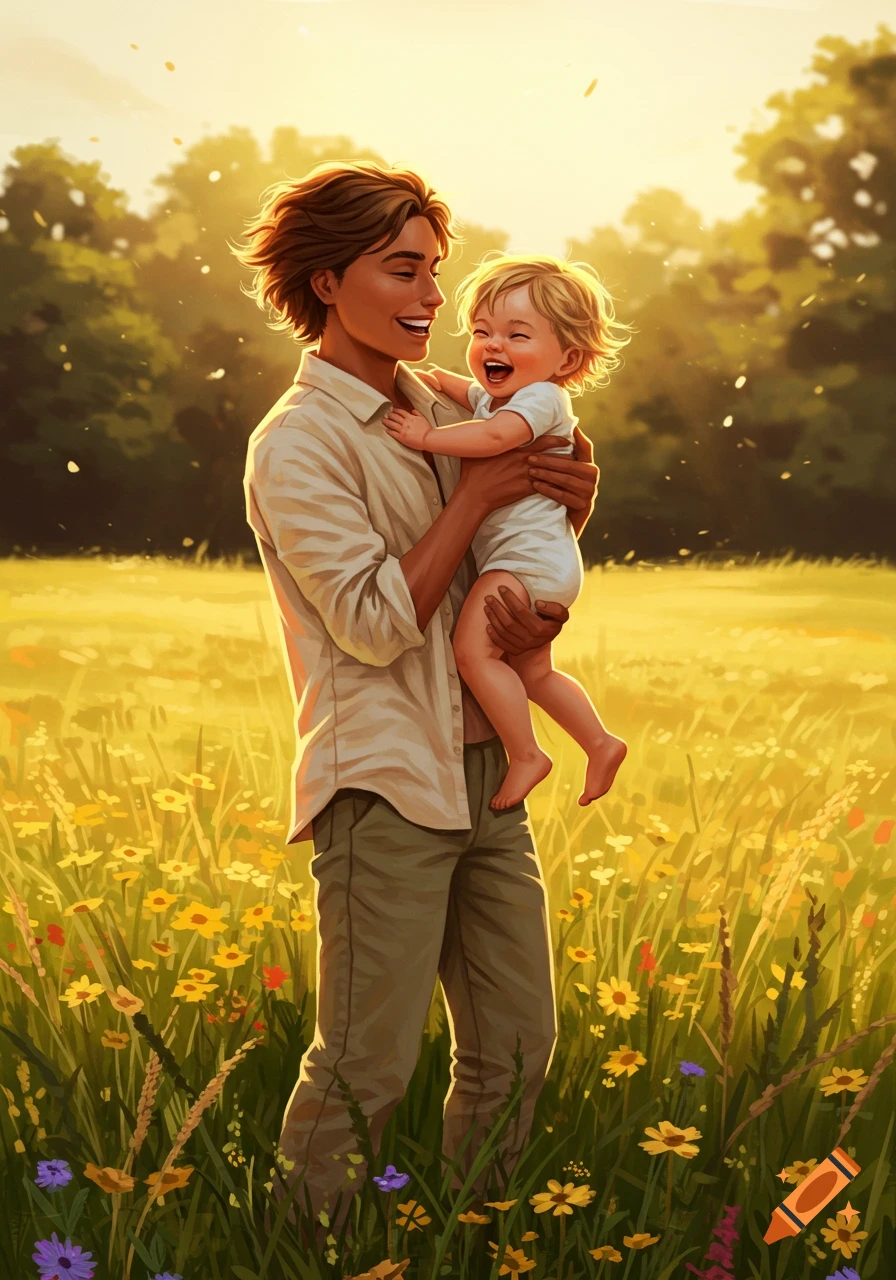 A parent smiling while holding a laughing baby in a sunny field of wildflowers, illustration.