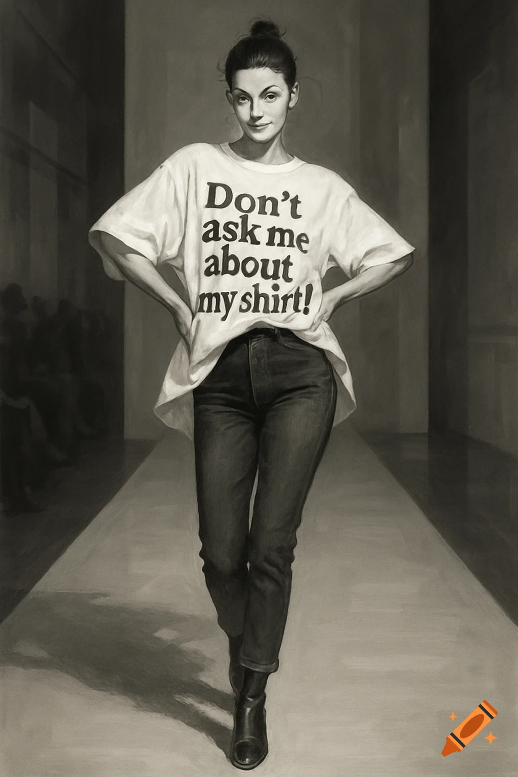 A monochrome drawing of a female model on a runway wearing a white t-shirt that says, "Don't ask me about my shirt!"