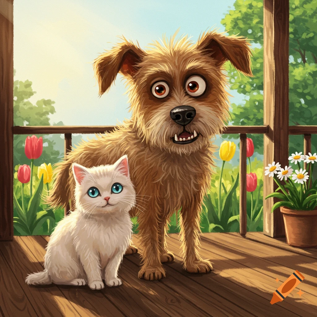 A cartoon illustration of a scruffy brown dog with wide eyes and a small white cat with blue eyes sitting on a wooden porch with tulips and daisies.