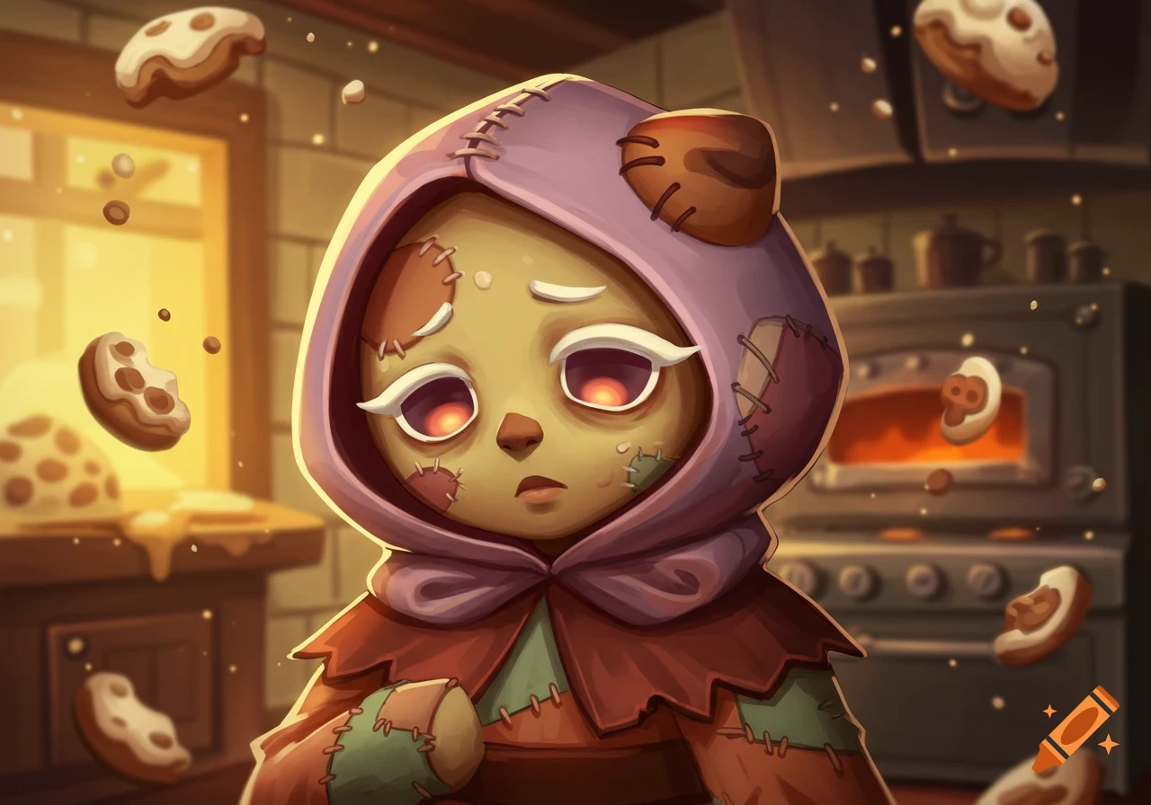 A sad, patched cookie character with glowing red eyes stands in a warm kitchen with flying cookies. Stylized cartoon.