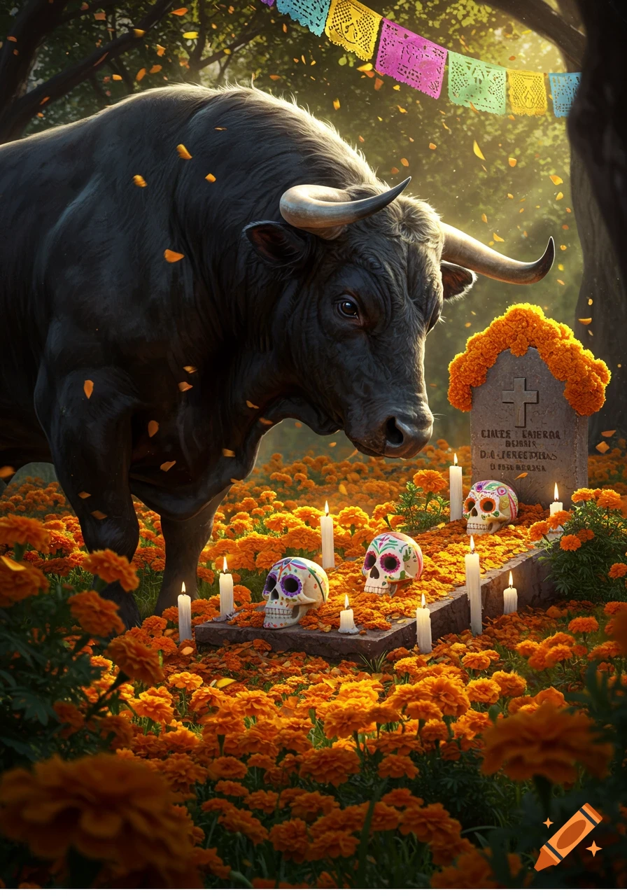 A large bull stands among orange marigolds and candles near a grave adorned with sugar skulls and banners under a bright, mystical sky for Day of the Dead.