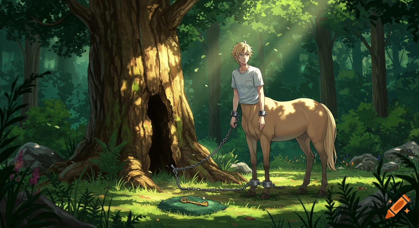 Anxious blond centaur, shackled to a large tree in a sunny forest, looks at a gold key just out of reach, anime style.