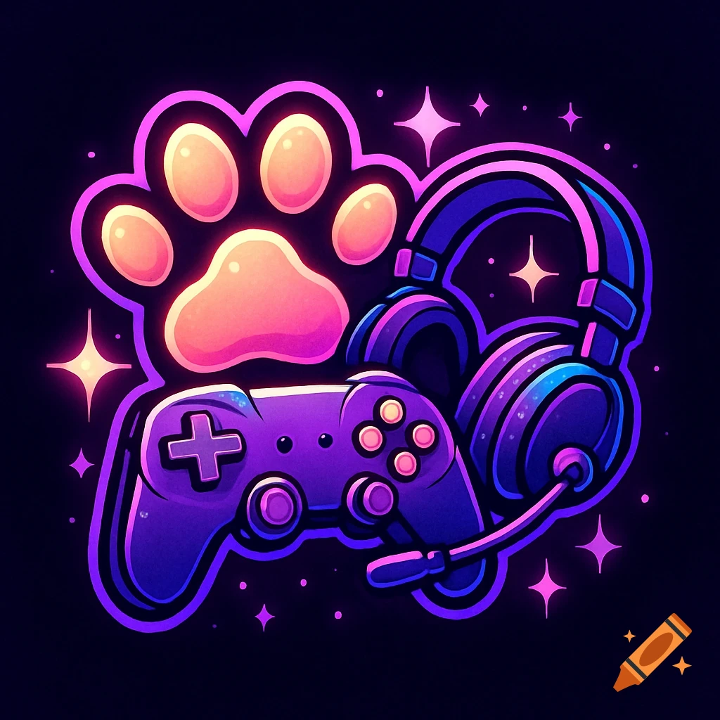 A glowing cartoon-style composition featuring a pink and purple paw print, a gaming controller, and a headset, with scattered sparkles on a dark background.