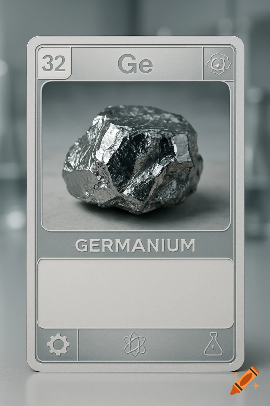 A science trading card featuring a metallic chunk of Germanium, with '32 Ge' and 'GERMANIUM' written on it.