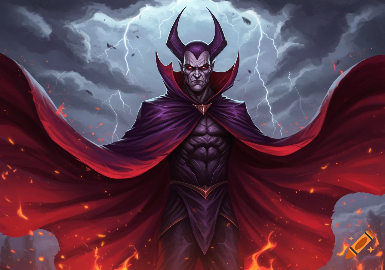 A dark fantasy villain with purple skin, horns, and glowing red eyes, wearing a purple cape with a red lining, standing against a stormy sky with lightning and fire below.