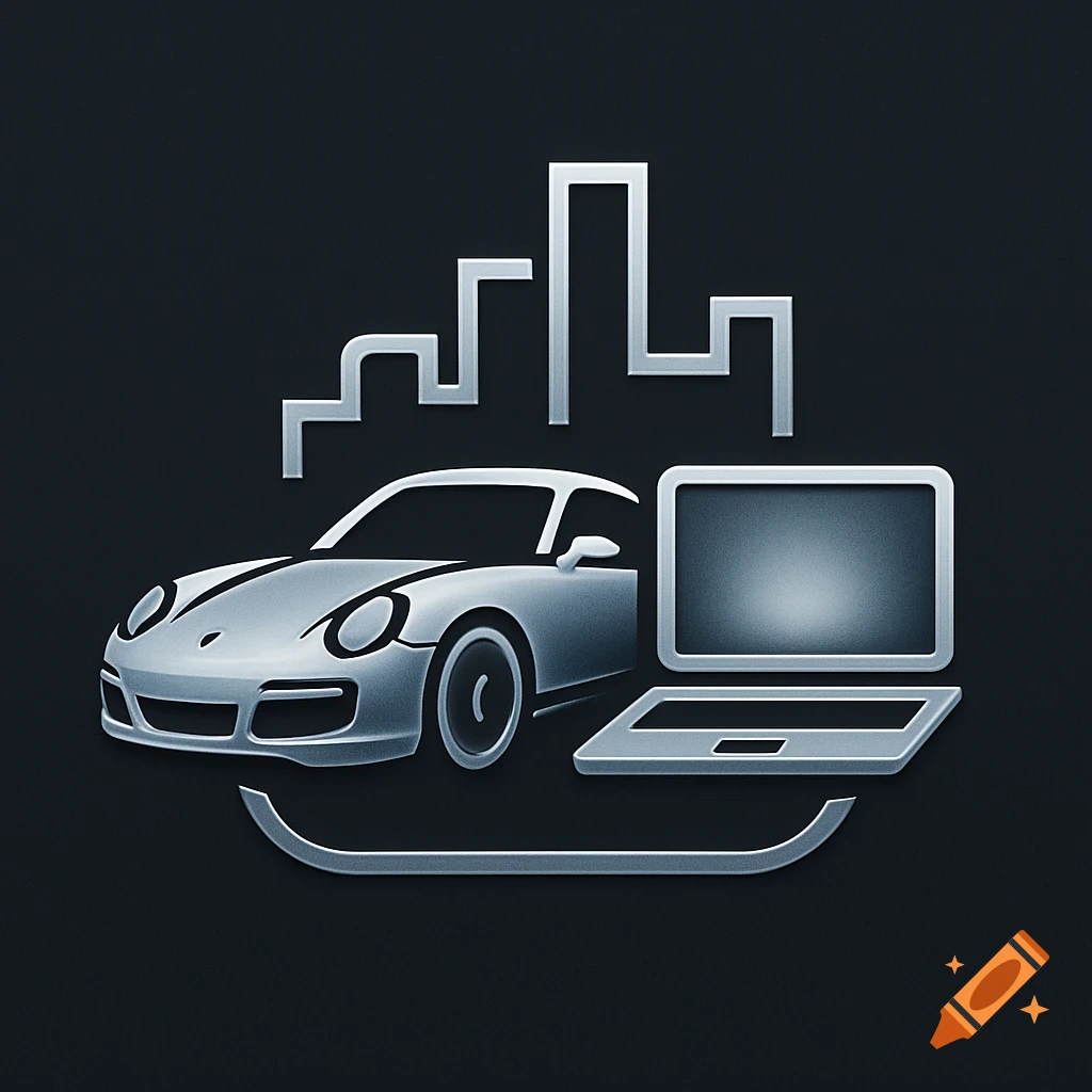 Stylized metallic silver Porsche 911, laptop, and a data chart graphic on a dark background, rendered as an icon.
