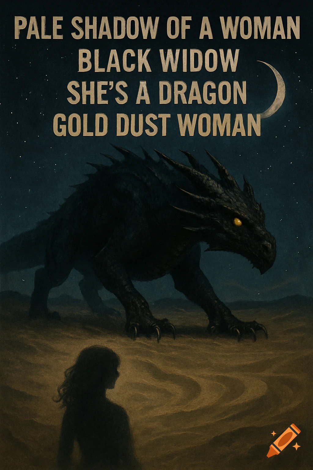 A black dragon with glowing yellow eyes stands in a dark desert, facing a silhouetted woman under a starry night sky with a crescent moon. Text reads: PALE SHADOW OF A WOMAN BLACK WIDOW SHE'S A DRAGON GOLD DUST WOMAN.
